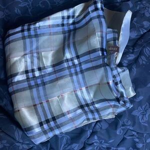 Burberry Light Blue and Black Plaid Silk Scarf with Red Accents